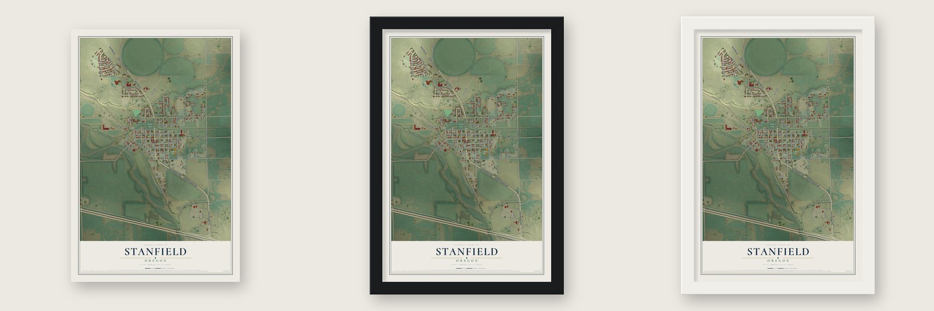 Stanfield, Oregon map unframed, in a black wood frame and in a white wood frame