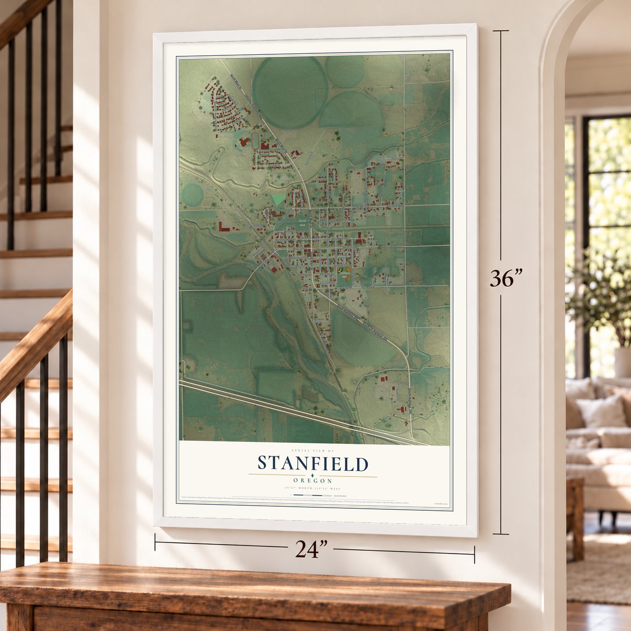 Stanfield, Oregon map, 24 x 36 inch print in a white frame by a staircase