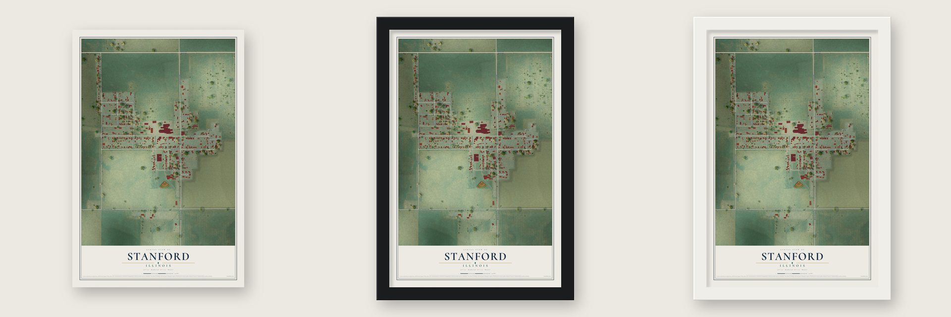 Stanford, Illinois map unframed, in a black wood frame and in a white wood frame