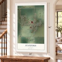 Stanford, Illinois map, 24 x 36 inch print in a white frame by a staircase