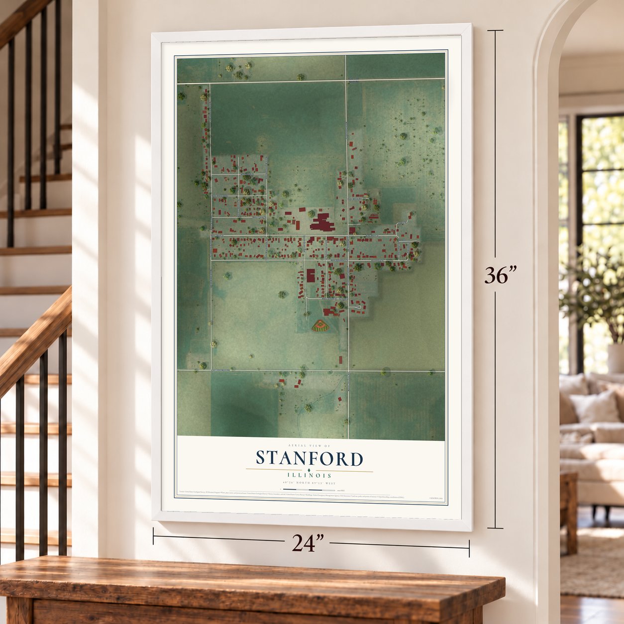 Stanford, Illinois map, 24 x 36 inch print in a white frame by a staircase