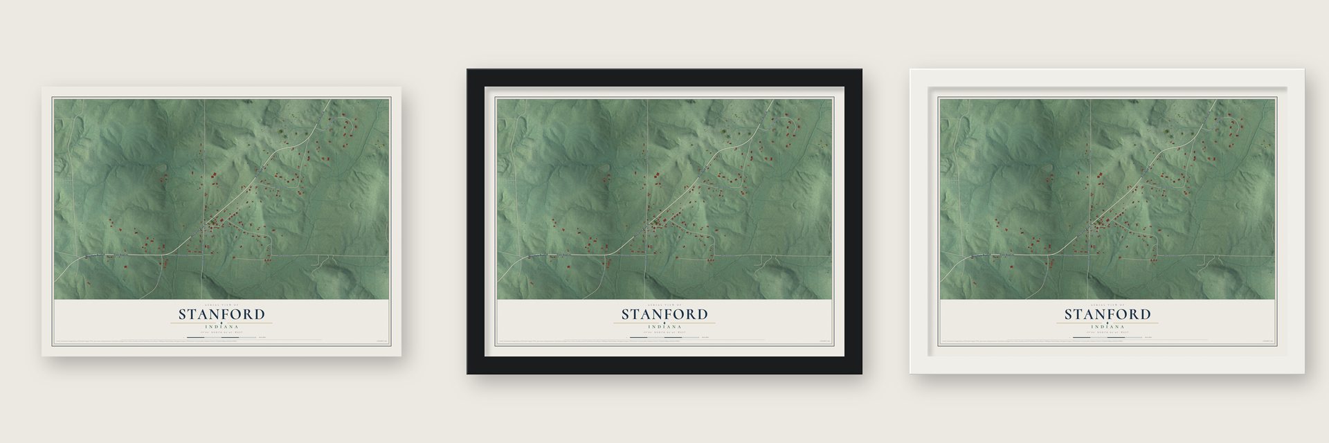 Stanford, Indiana map unframed, in a black wood frame and in a white wood frame
