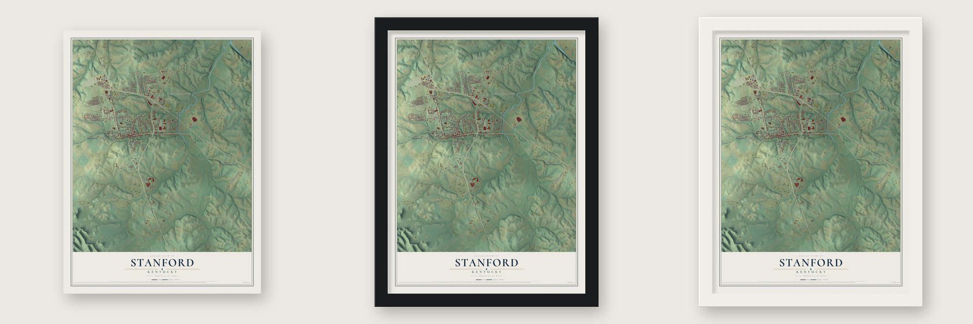 Stanford, Kentucky map unframed, in a black wood frame and in a white wood frame