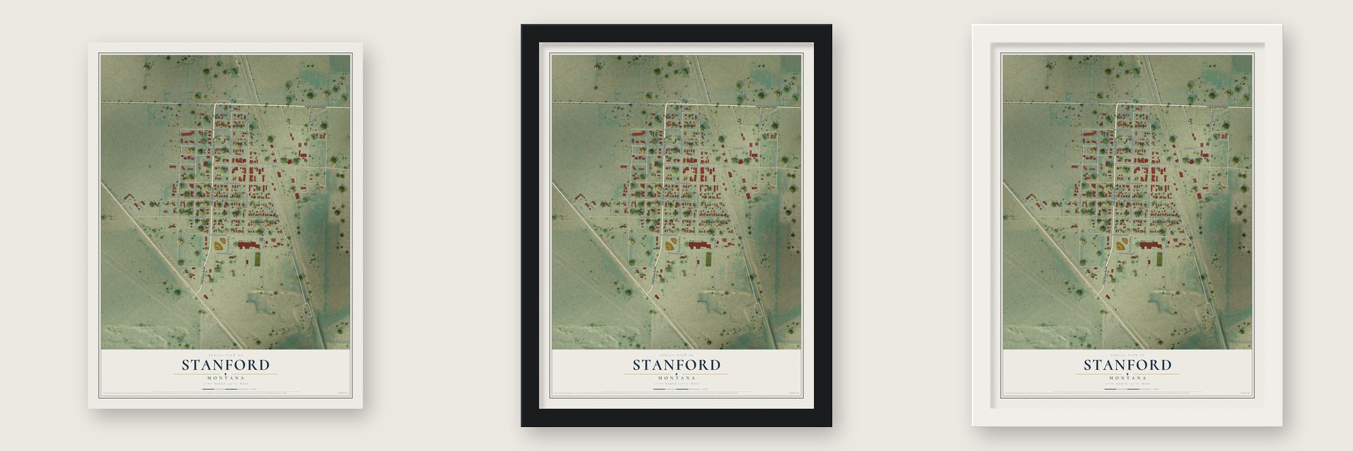 Stanford, Montana map unframed, in a black wood frame and in a white wood frame