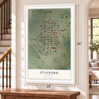 Stanford, Montana map, 24 x 36 inch print in a white frame by a staircase