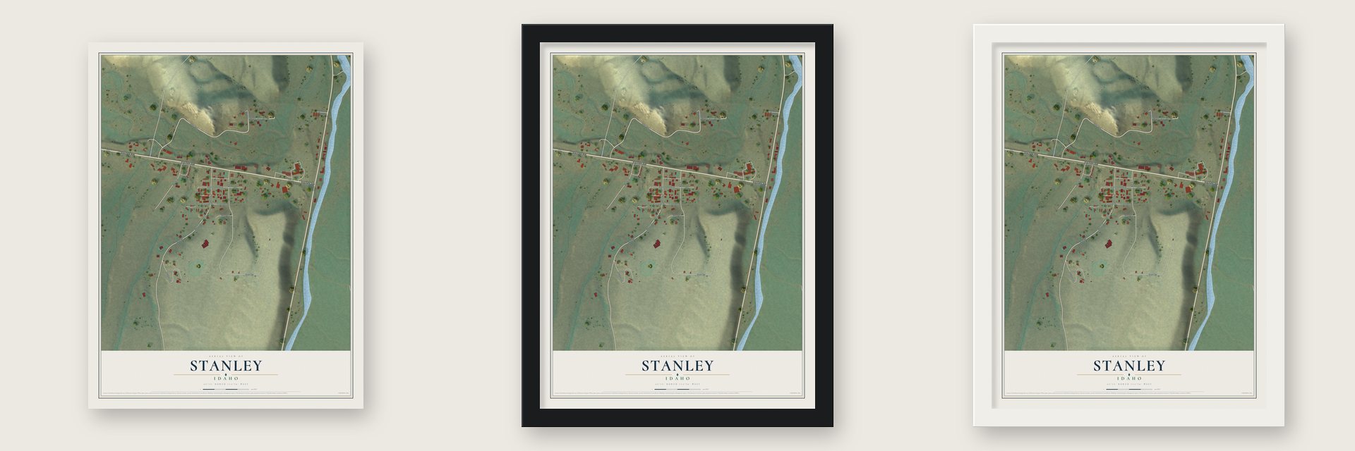 Stanley, Idaho map unframed, in a black wood frame and in a white wood frame