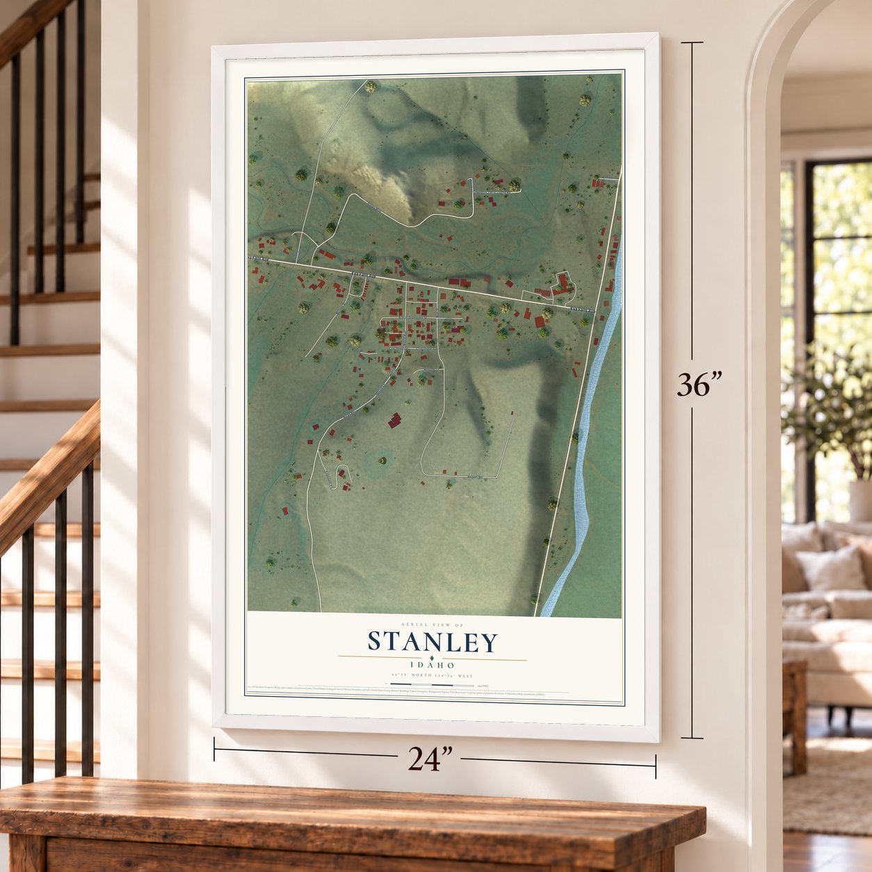 Stanley, Idaho map, 24 x 36 inch print in a white frame by a staircase