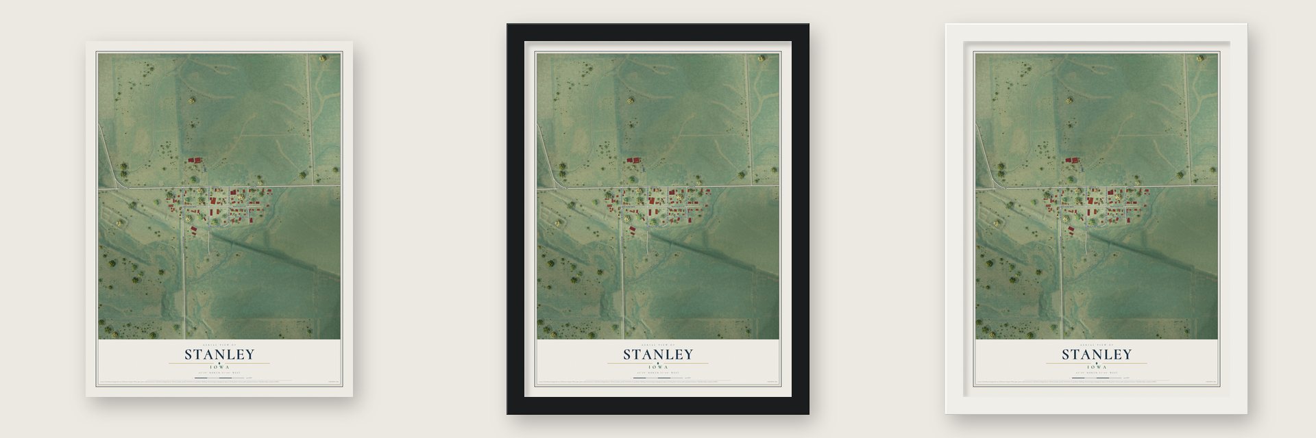 Stanley, Iowa map unframed, in a black wood frame and in a white wood frame
