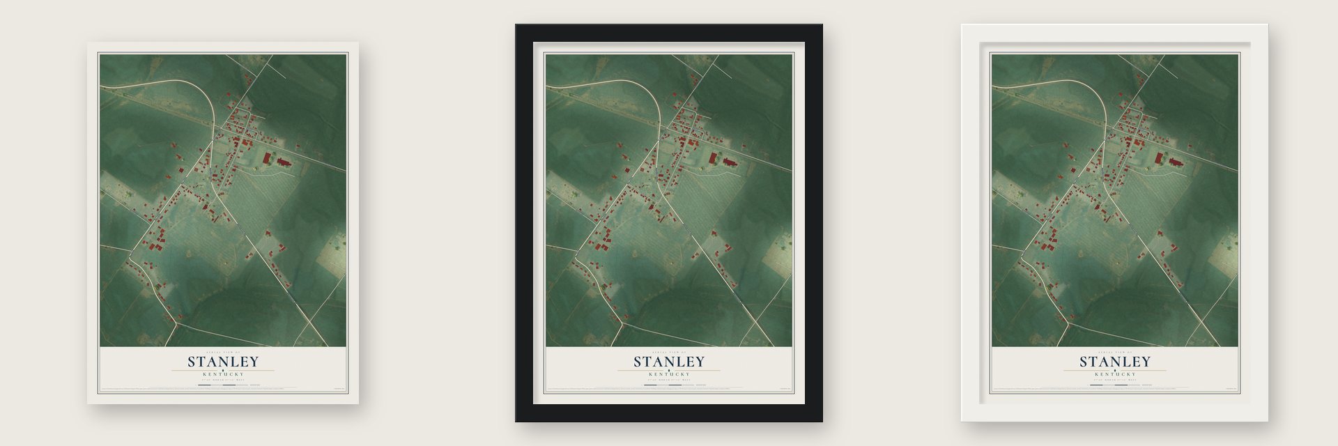 Stanley, Kentucky map unframed, in a black wood frame and in a white wood frame