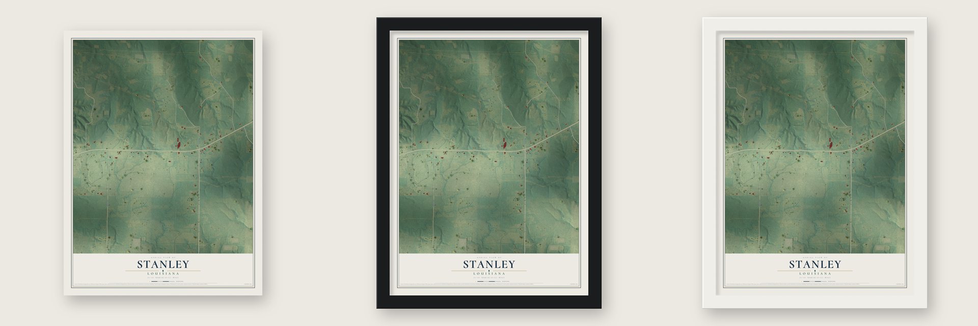 Stanley, Louisiana map unframed, in a black wood frame and in a white wood frame