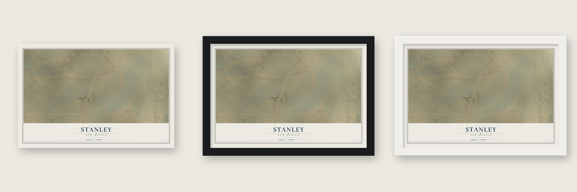 Stanley, New Mexico map unframed, in a black wood frame and in a white wood frame