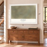 Stanley, New Mexico map, 24 x 36 inch print in a white frame above a dresser by a staircase