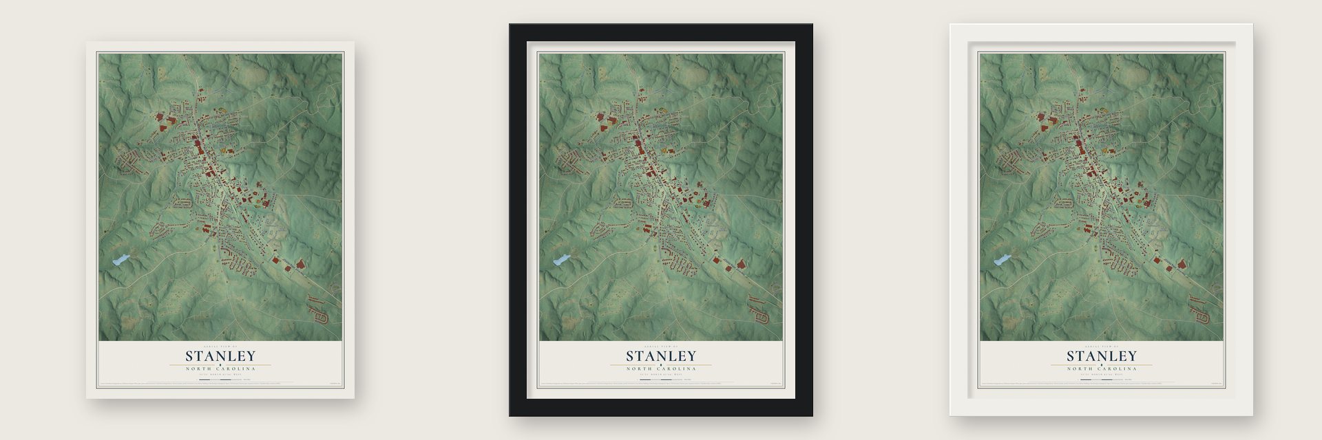 Stanley, North Carolina map unframed, in a black wood frame and in a white wood frame
