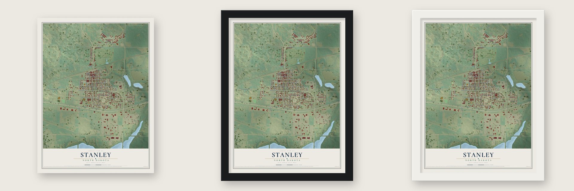 Stanley, North Dakota map unframed, in a black wood frame and in a white wood frame