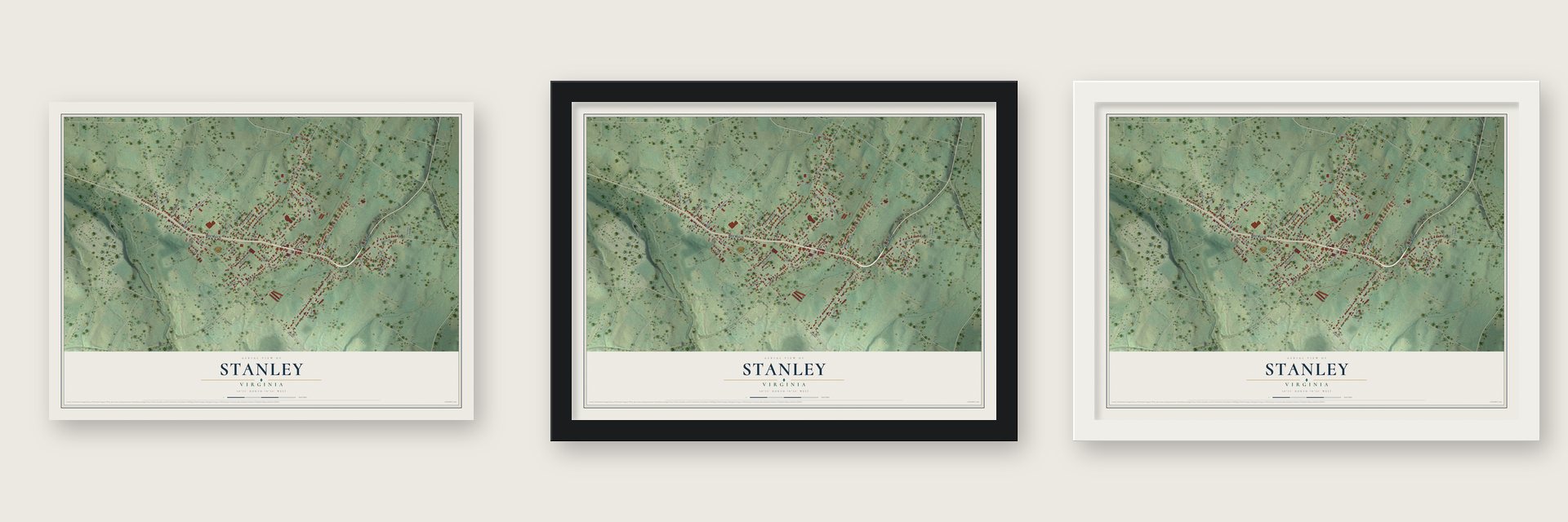 Stanley, Virginia map unframed, in a black wood frame and in a white wood frame