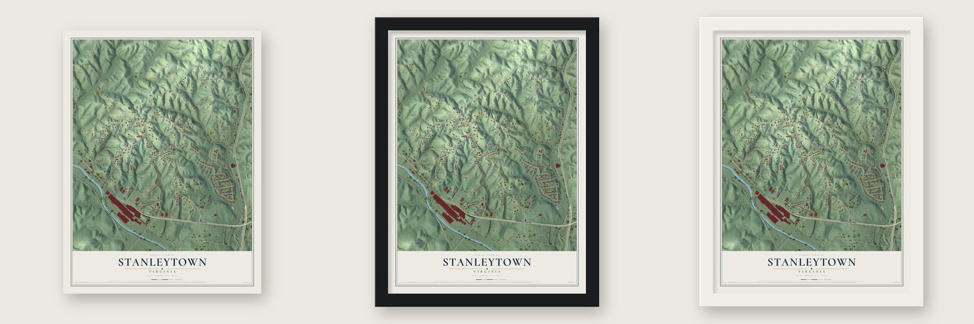 Stanleytown, Virginia map unframed, in a black wood frame and in a white wood frame
