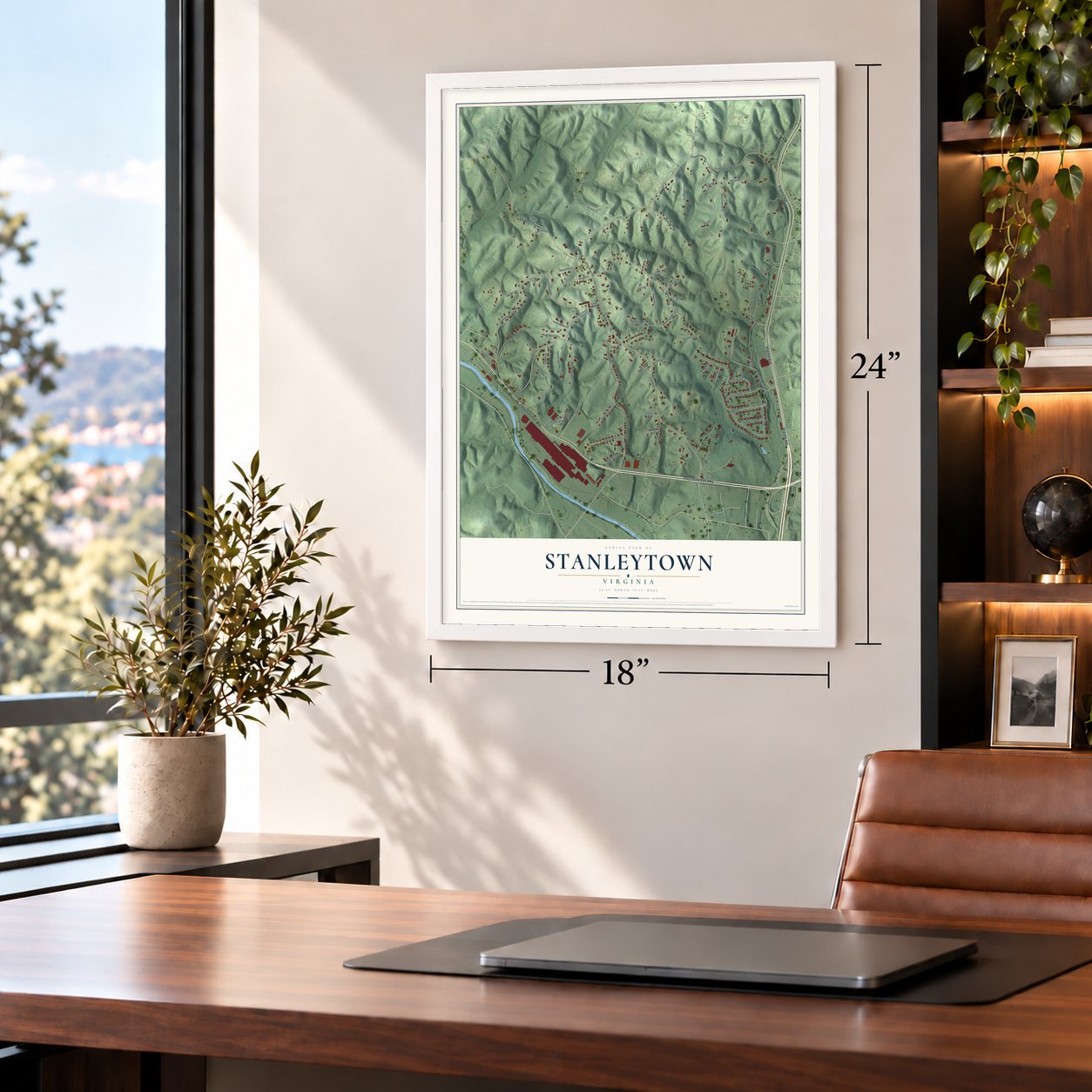 Stanleytown, Virginia map, 18 x 24 inch print in a white frame in a home office