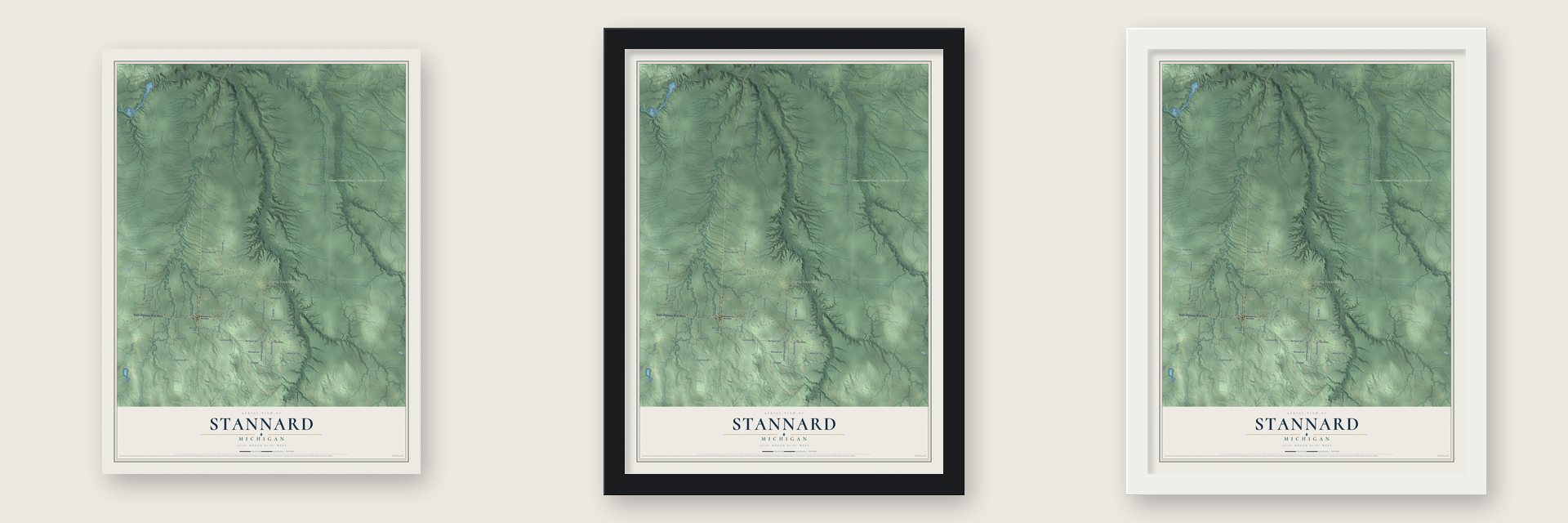 Stannard, Michigan map unframed, in a black wood frame and in a white wood frame