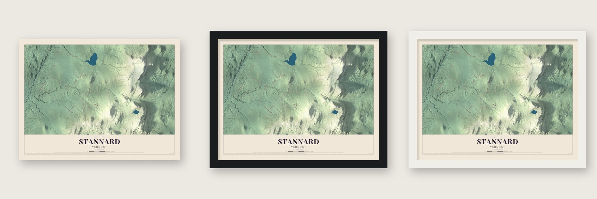 Stannard, Vermont map unframed, in a black wood frame and in a white wood frame
