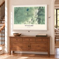 Stannard, Vermont map, 24 x 36 inch print in a white frame above a dresser by a staircase