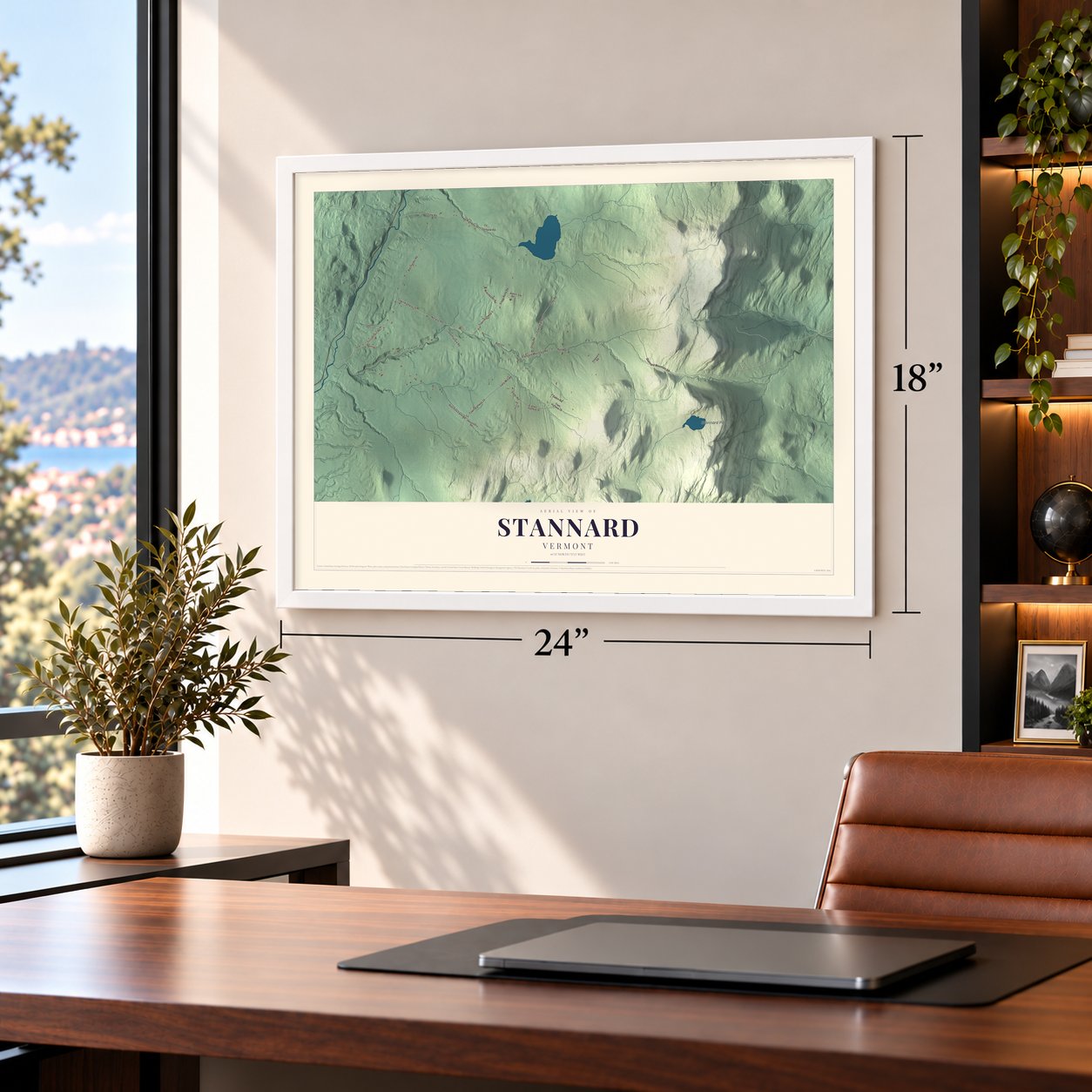 Stannard, Vermont map, 18 x 24 inch print in a white frame in a home office