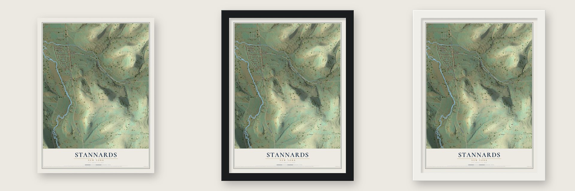 Stannards, New York map unframed, in a black wood frame and in a white wood frame
