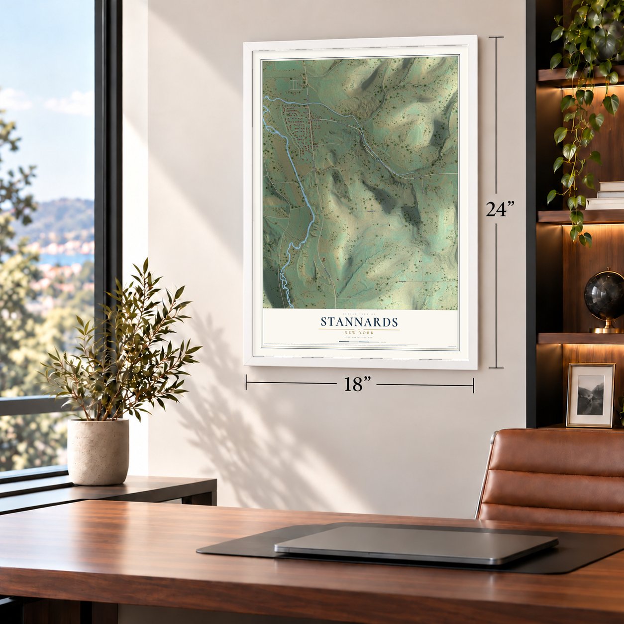 Stannards, New York map, 18 x 24 inch print in a white frame in a home office