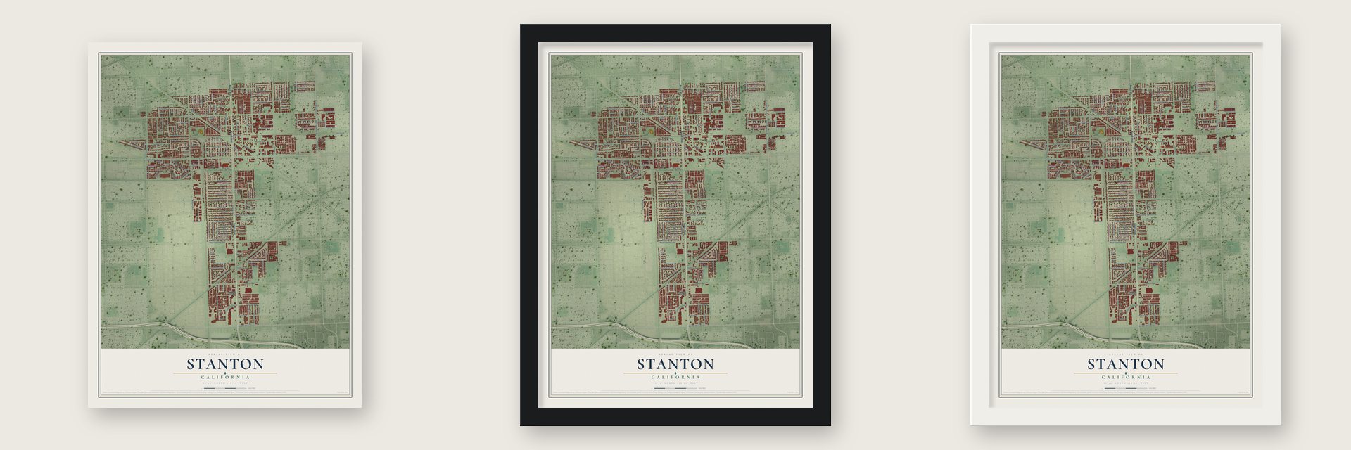 Stanton, California map unframed, in a black wood frame and in a white wood frame
