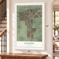 Stanton, California map, 24 x 36 inch print in a white frame by a staircase