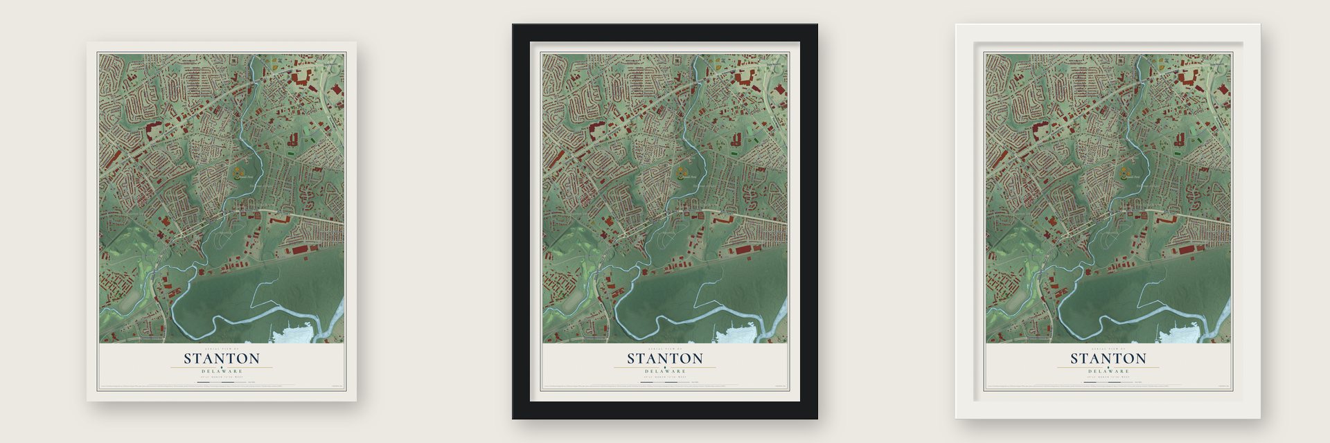 Stanton, Delaware map unframed, in a black wood frame and in a white wood frame