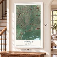 Stanton, Delaware map, 24 x 36 inch print in a white frame by a staircase