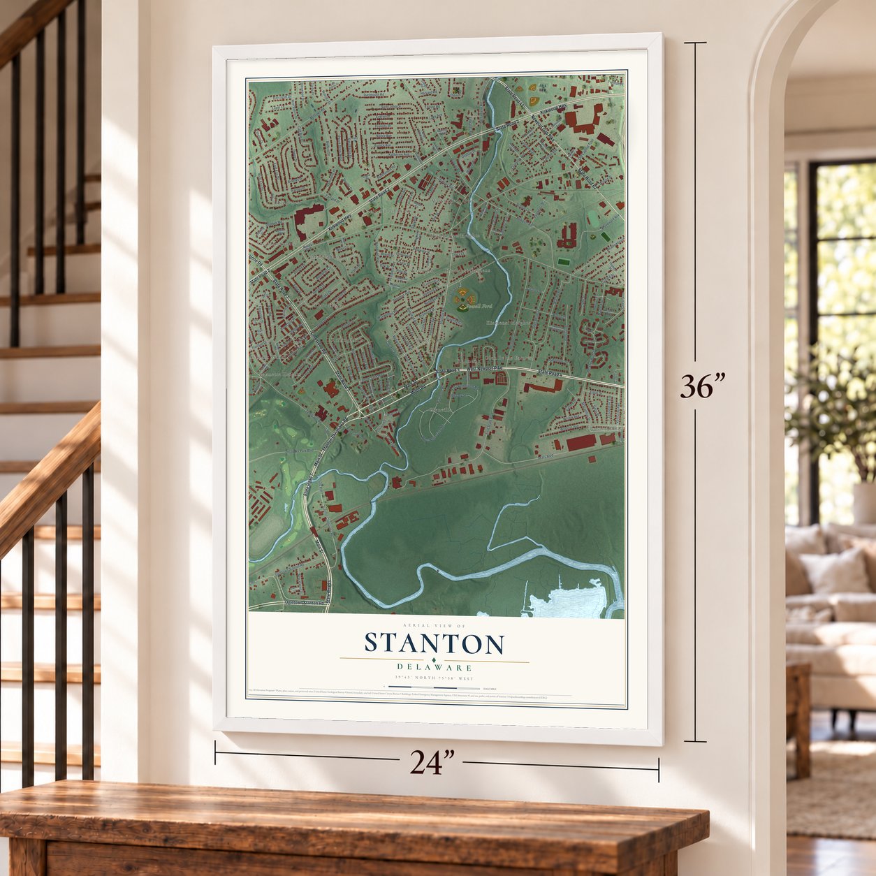 Stanton, Delaware map, 24 x 36 inch print in a white frame by a staircase
