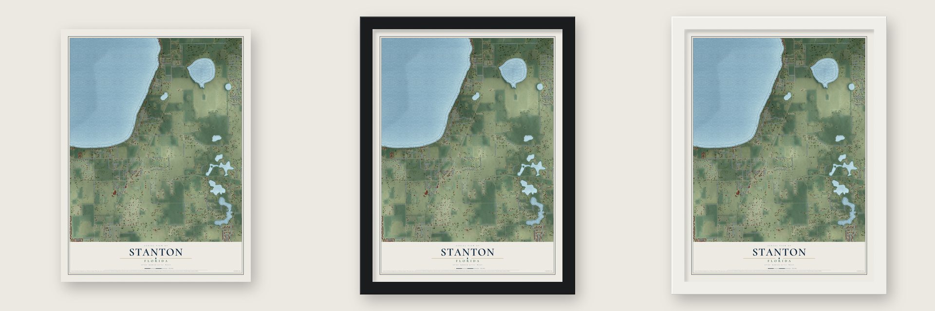 Stanton, Florida map unframed, in a black wood frame and in a white wood frame
