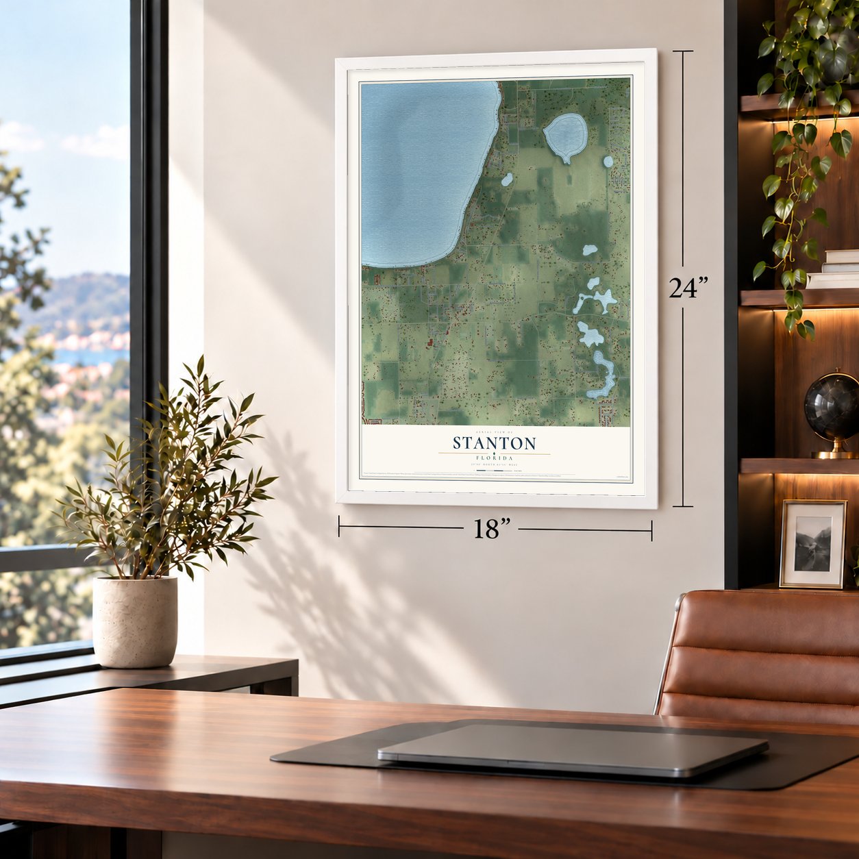 Stanton, Florida map, 18 x 24 inch print in a white frame in a home office