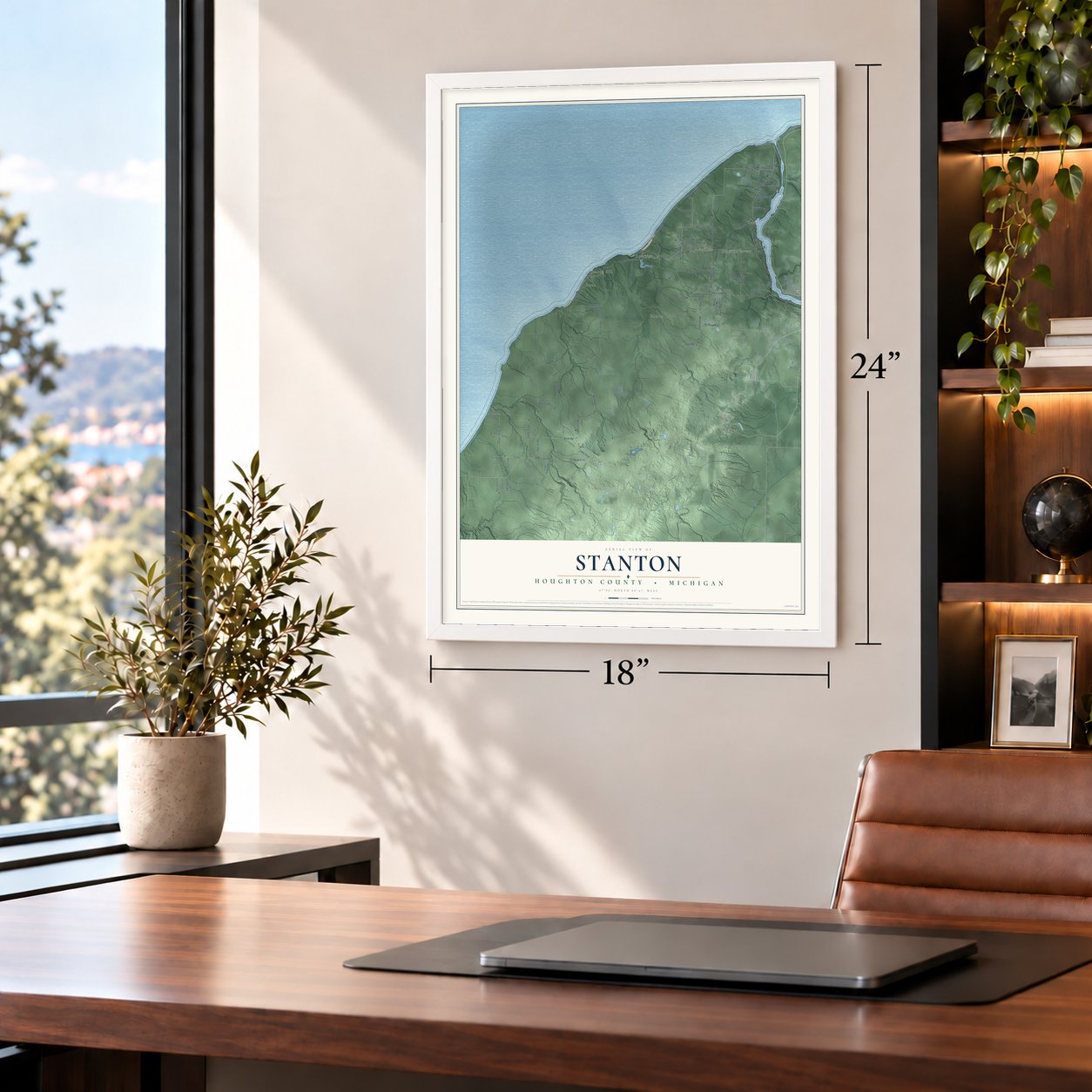 Stanton, Houghton County, Michigan map, 18 x 24 inch print in a white frame in a home office