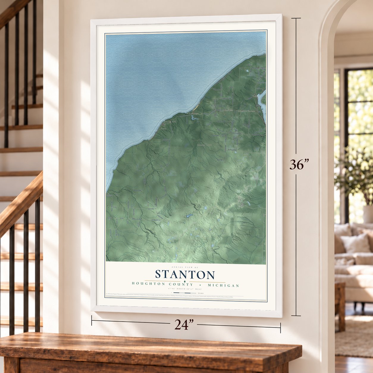 Stanton, Houghton County, Michigan map, 24 x 36 inch print in a white frame by a staircase