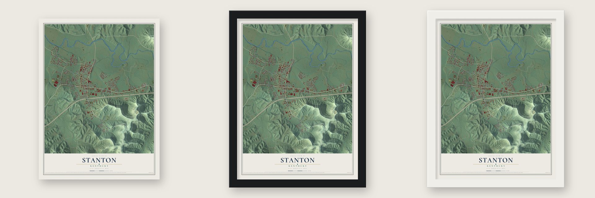 Stanton, Kentucky map unframed, in a black wood frame and in a white wood frame