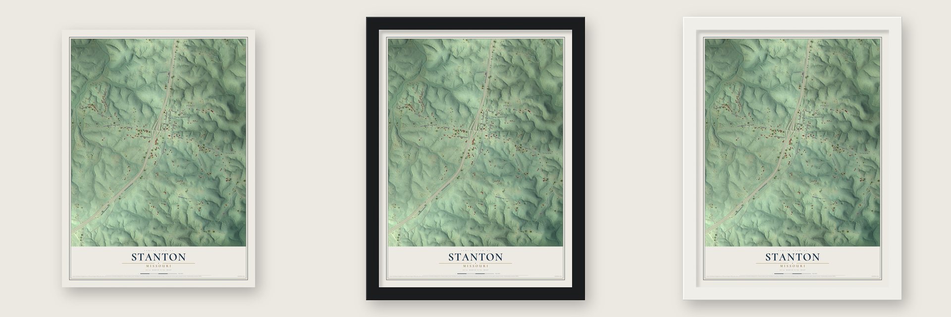 Stanton, Missouri map unframed, in a black wood frame and in a white wood frame