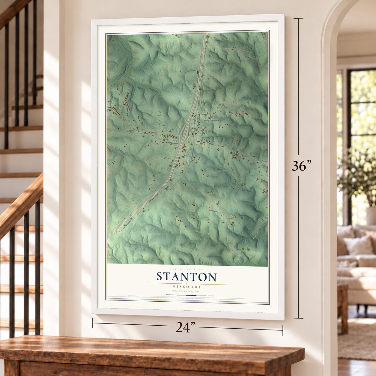 Stanton, Missouri map, 24 x 36 inch print in a white frame by a staircase