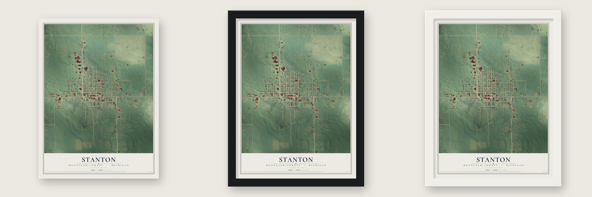 Stanton, Montcalm County, Michigan map unframed, in a black wood frame and in a white wood frame