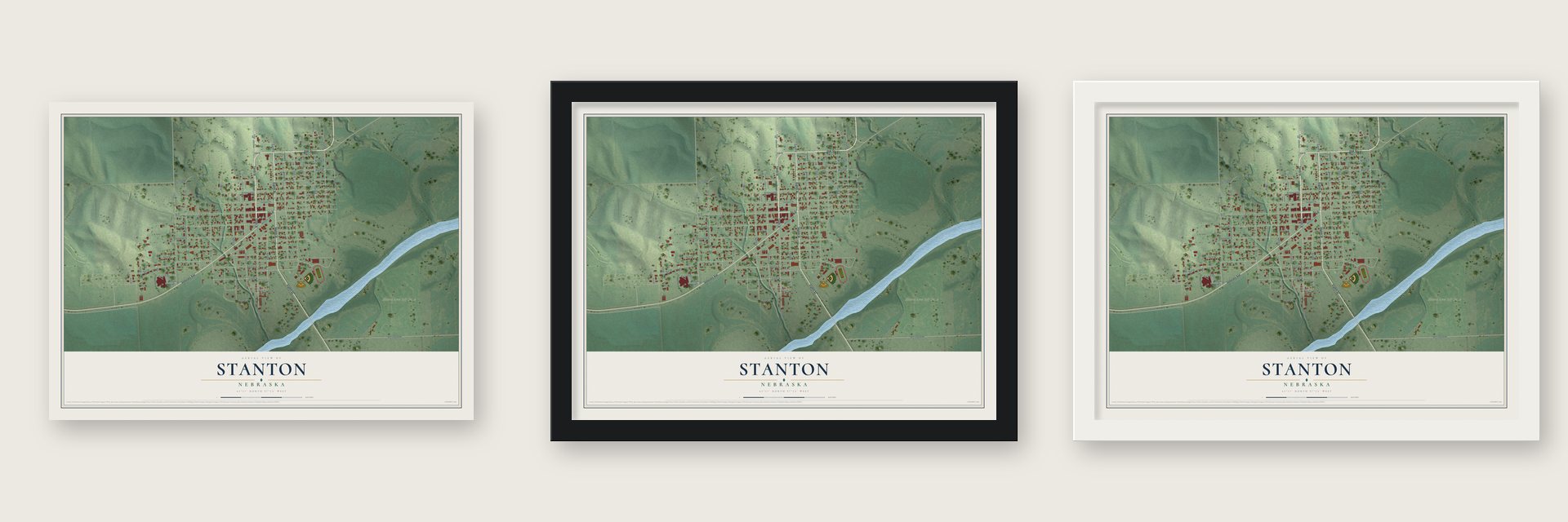 Stanton, Nebraska map unframed, in a black wood frame and in a white wood frame