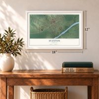 Stanton, Nebraska map, 12 x 18 inch print in a white frame in an entryway