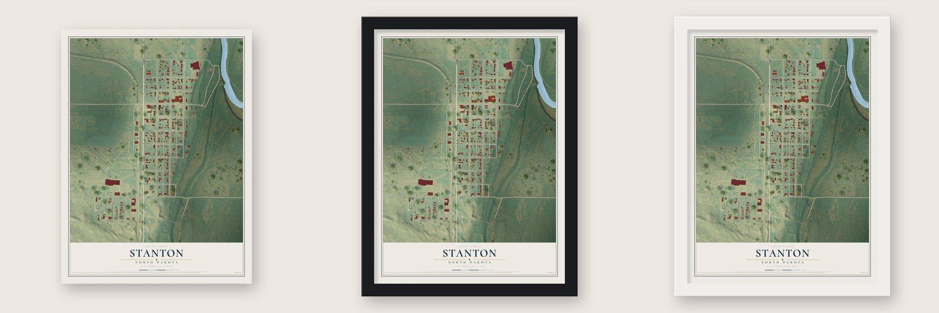 Stanton, North Dakota map unframed, in a black wood frame and in a white wood frame