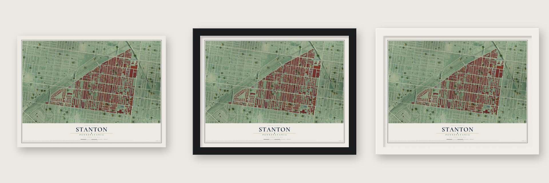 Stanton, Pennsylvania map unframed, in a black wood frame and in a white wood frame