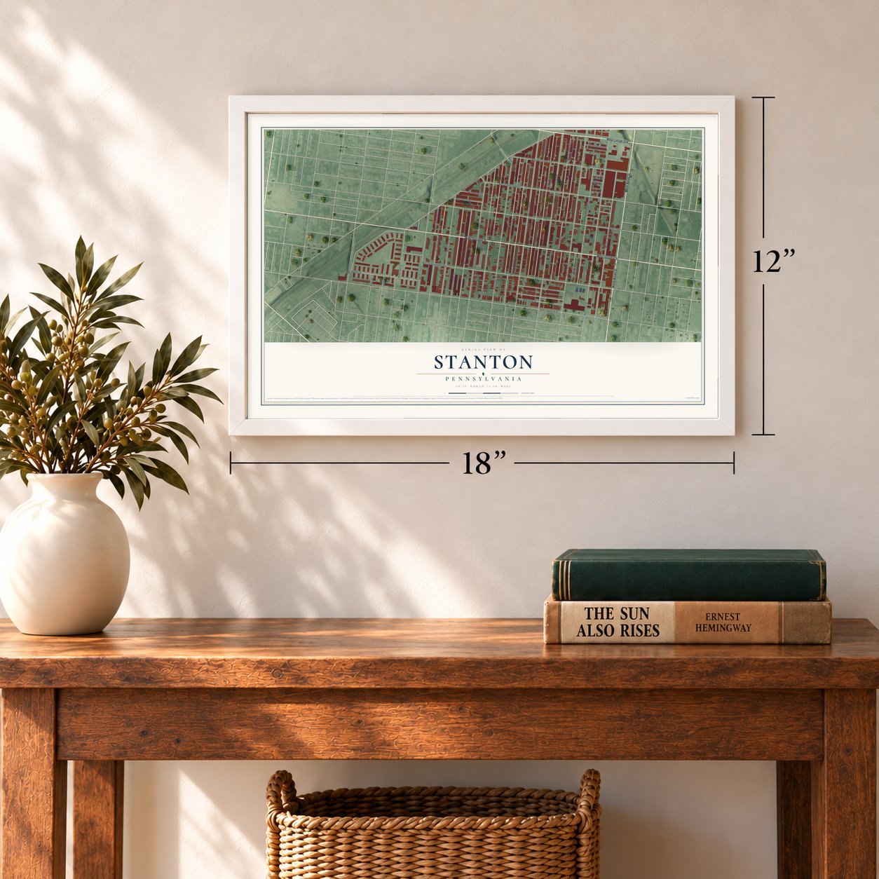 Stanton, Pennsylvania map, 12 x 18 inch print in a white frame in an entryway