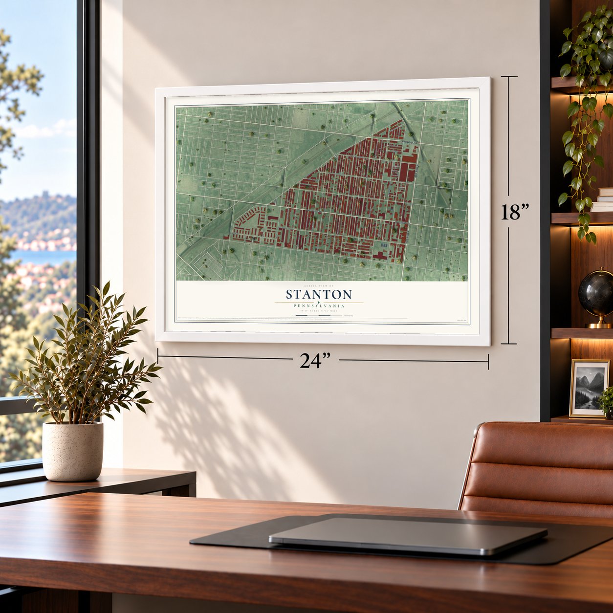 Stanton, Pennsylvania map, 18 x 24 inch print in a white frame in a home office