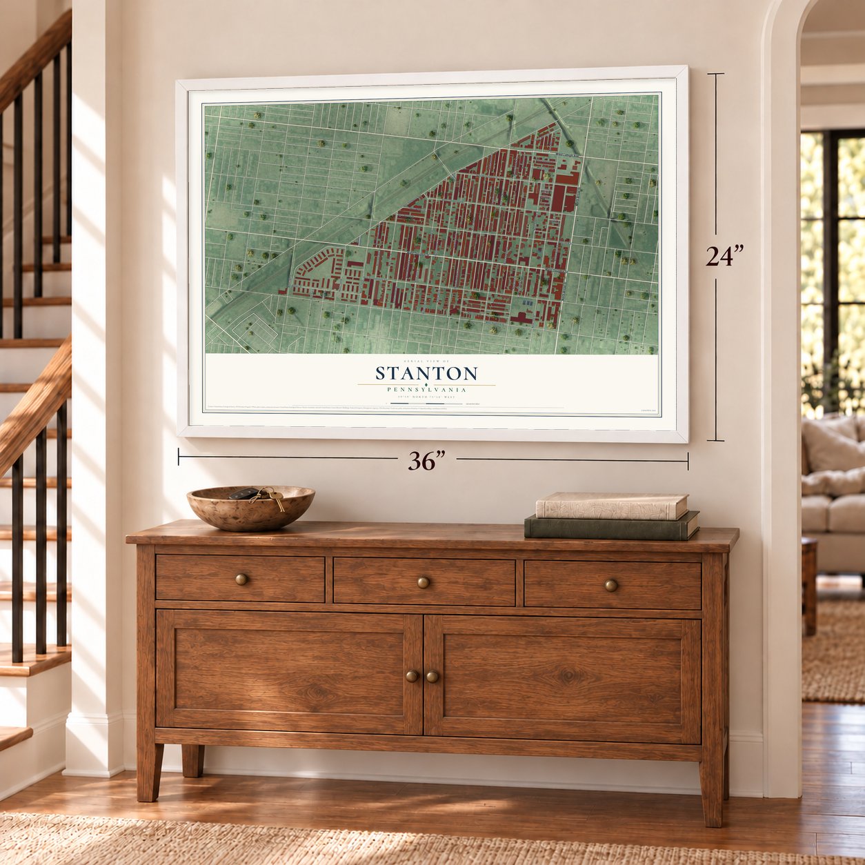 Stanton, Pennsylvania map, 24 x 36 inch print in a white frame above a dresser by a staircase