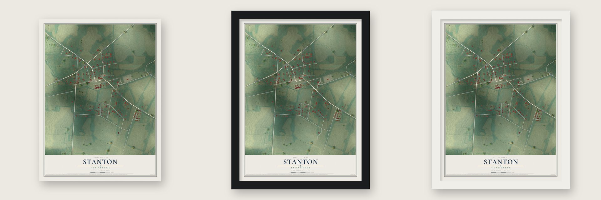 Stanton, Tennessee map unframed, in a black wood frame and in a white wood frame