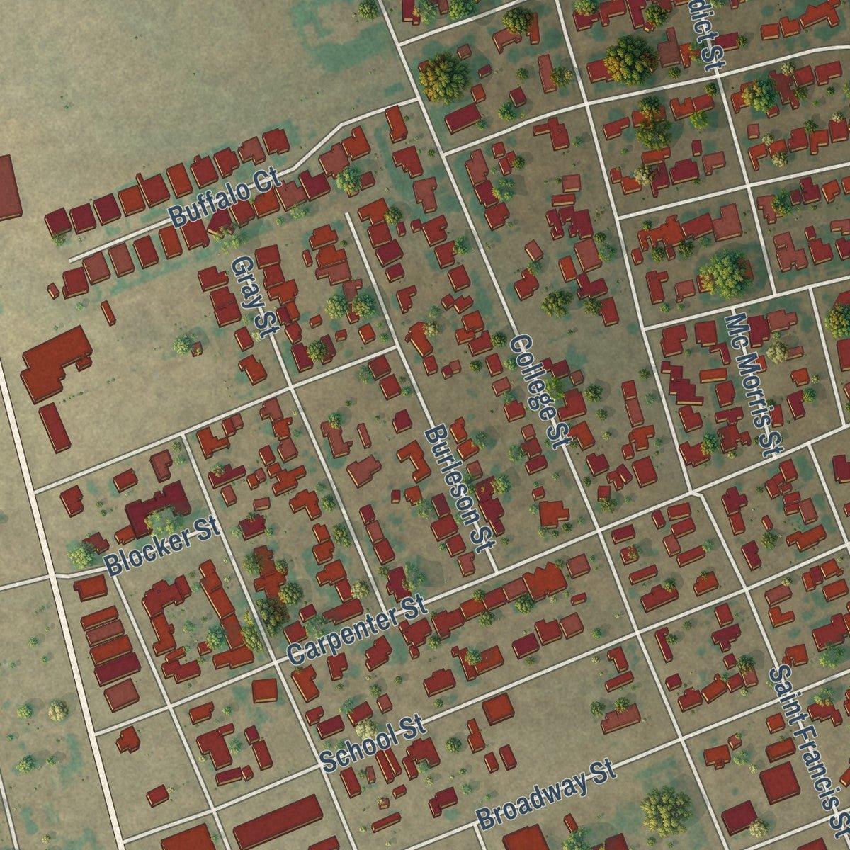 Second close-up of the map of Stanton, Texas print showing more streets and buildings