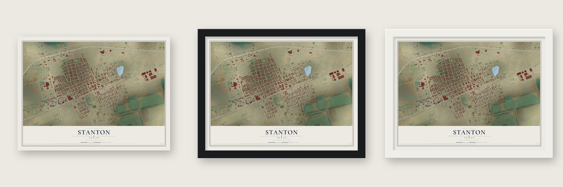 Stanton, Texas map unframed, in a black wood frame and in a white wood frame